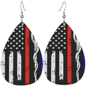 Rode Streep Brandweerman Usa Vlag Gedrukt Lederen Teardrop Oorbellen, Faux Lederen Water Drop Oorbellen Sieraden Voor Vrouwen Bruiloft, Eén maat, Sterling zilver, Geen edelsteen