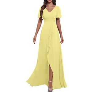 KURFACE Flutter mouw V-hals chiffon bruidsmeisjes jurken met mouwen split lange formele avondjurk voor vrouwen, Geel, 32