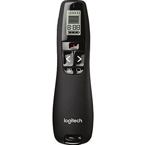 Logitech R700 Presenter, draadloze 2,4 GHz verbinding via USB-ontvanger, 30 m bereik, rode laserpointer, LCD-display met timer en batterijweergave, 6 toetsen, PC - zwart