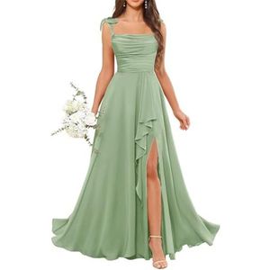 Dames chiffon bruidsmeisjes jurken met split lange galajurken ruches cocktailjurk plus size, Sage Groen, 32