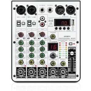 Professionele mixer 4-kanaals audiomixer, DJ-mixer met USB-audio-interface, Bluetooth-functie, 16 DSP-effecten en 3-bands EQ (ARMX-4) Praktisch en multifunctioneel