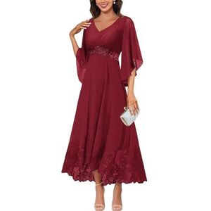 KURFACE Jurken voor dames, V-hals, moeder van de bruid met mouwen, kanten applicatie, chiffon, formele avondjurk, Bordeaux, 32