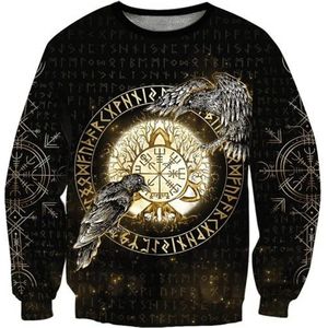 Scandinavische Tattoo hoodies Voor Mannen, Viking Celtic Crow Vegvisir 3D-print Sweatshirt met Lange Mouwen en Rits, Scandinavische Middeleeuwse Mode Harajuku Casual Sweatshirt(Color:B Round Neck,Size