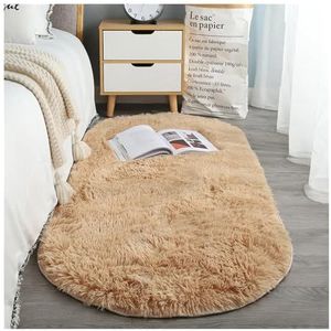 JMORCO Tapijt Ovaal Dik Tapijt Voor Woonkamer Pluche Slaapkamer Tapijten Lange Stapel Pluche Tapijt Kinderen Bed Zacht Fluwelen Mat Home Decor (Kaki, 80X200cm)