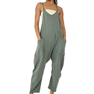 Eendelige damesromper, casual, losse lange tuinbroek, V-hals, spaghettibandjes, romper, mouwloos, lange overall, groen, XL/XXL