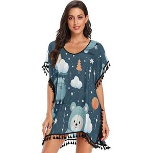 KAAVIYO Donkerblauw Sneeuw Leuke Beer Vrouwen Strand Cover Up Chiffon Kwastje Badmode Badpak Coverups Voor Meisje, Patroon, S