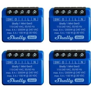 Shelly 1 Mini Gen 3, Smart Switch-relais, wifi en bluetooth, 1-kanaal, 8 A, domotica, compatibel met Alexa en Google Home, iOS Android-app, geen hub nodig, droge contacten