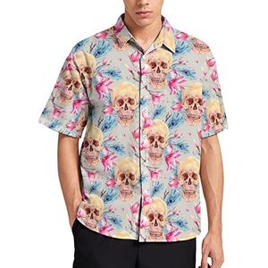 Vintage Schedel & Roze Magnolia Pauwenveren Hawaiiaanse Shirt Voor Mannen Zomer Strand Casual Korte Mouw Button Down Shirts met Zak