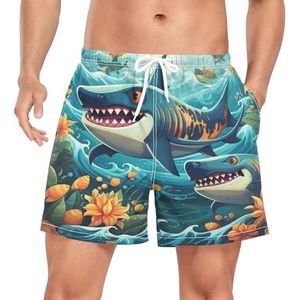 Niigeu Cartoon Blue Shark Fish mannen zwembroek shorts sneldrogend met zakken, Leuke mode, S