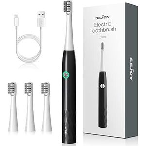 Sejoy Elektrische tandenborstel voor volwassenen, oplaadbare elektrische tandenborstel met 4 opzetborstels, 3 modi en 2 minuten ingebouwde slimme timer, zwart