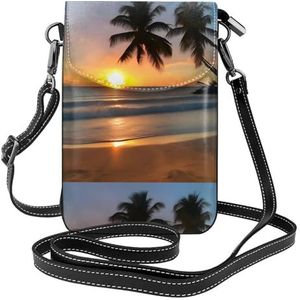 Sunset Beach Lederen Cross Body Flip Telefoon Tas Met Afneembare Schouderbanden, Gebruikt Voor Reizen, Dating, Vakantie Geschenken, Zwart, Eén maat