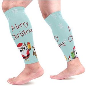 EZIOLY Kerstfamilie van uilen Sport Kalf Compressie Mouwen Been Compressie Sokken Kalf Guard voor hardlopen, Fietsen, Moederschap, Reizen, Verpleegkundigen