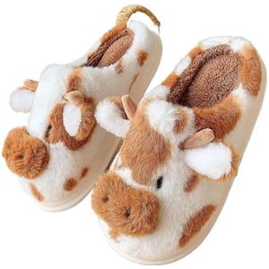 UALXPAO Pluizige pantoffels voor vrouwen, winter, warme pluche pantoffels voor vrouwen, binnen, mooie melkkoe, donzige huispantoffel, slaapkamer, antislip, schattige pluizige slippers, Bruine Cow3,