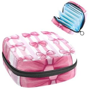 Roze strikken met gestreepte achtergrond maandverband opbergtas, grote menstruatiecup zakje met rits, menstruatie pads, tas winkel inlegkruisjes tampons voor meisjes vrouwen
