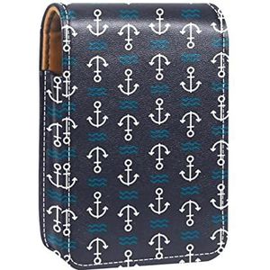 Draagbare Lipstick Case voor op reis, Mini Lipstick Opbergdoos met spiegel voor dames dames, Lederen cosmetische Pouch Anker op donkerblauw, Meerkleurig, 9.5x2x7 cm/3.7x0.8x2.7 in