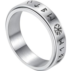 Noorse Viking Kompas Rune Draaibare Ring - Mannen Vrouwen Roestvrij Staal Vegvisir Spinner Ring - Handgemaakte Paar Mode Bruiloft Belofte Band Ring Sieraden (Color : Silver, Size : 10)