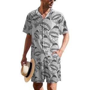 Schattig kattengezicht Hawaïaans pak voor heren, set van 2 stuks, strandoutfit, shirt en korte broek, bijpassende set