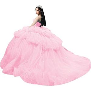 Fuomomo Strapless partyjurk in lagen, pof-tule feestjurken, Quinceanera-jurken met hartvormige hals en strass, MT036, Roze, 42