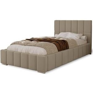 MARPUR POLSTERBED Alma 80x200 cm, bed met hoofdeinde, tweepersoonsbed met bedlade, lattenbodem en matras van hout, veloursstof: lichtbruin