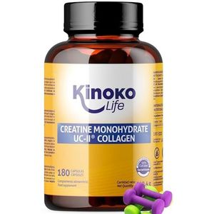 Kinoko Life Creatine Monohydraat capsules 3000 mg en UCII-collageen - 180 capsules - Creatine Monohydraat voor pre workout boosters en gym - Hooggedoseerde creatine capsules met creatine poede