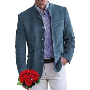 WINDEHAO Heren Retro Stand Kraag Single Breasted Slim Fit Multi-Pocket Blazer, Klassieke Button Down Suede Jacket Business Blazer Pak Jas