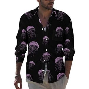 Jellyfish Overhemd met lange mouwen voor heren, casual strandtops met zak, normale pasvorm