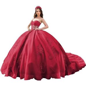 Fuomomo Quinceanera Prinsessenjurk met ruches en staart Quinceanera jurk van tule met parels schattige jurk 16 MT052, Bourgondië, 30 NL