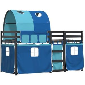 vidaXL Stapelbed met gordijnen 90x200 cm massief grenenhout blauw, bedframe, kinderbed, bed, kinderbedframe, halfhoogslaper, bedbodem, bed ombouw