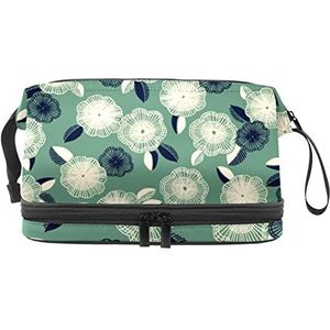 Dubbele Laag Cosmetische Tas Bloemen Groene Draagbare Make-up Tas Reizen Organizer Pouch Voor Vrouwen Meisjes Toiletries Tassen, Meerkleurig, 27x15x14 cm/10.6x5.9x5.5 in, Make-up zakje