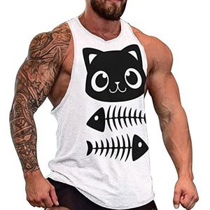 Cat And Fish Bone Tanktop voor heren, grafische mouwloze bodybuilding-T-shirts, casual strand-T-shirt, grappig sportschool-spierweefsel