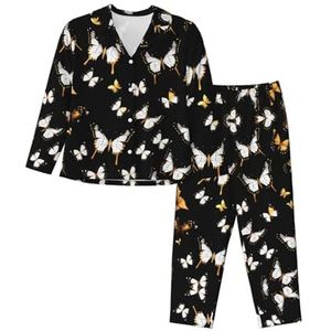 JEJEA Goud Wit Vlinders Zwarte Print Comfy 2 Stuk Nachtkleding Lounge Set Pyjama Set Lange Mouw Nachtkleding Nachtkleding Nachtkleding, Zwart, S