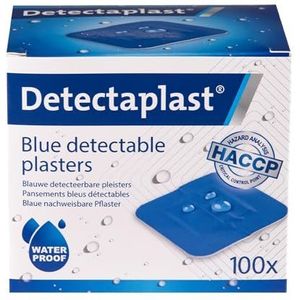 Detectaplast blauwe pleisters Universal, metaaldetecteerbare, waterdichte en vuilwerende pleisters sensitive, voor de voedingsindustrie, catering en grootkeuken, 38 x 38 mm, 100 stuks