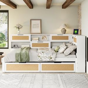 FAYICIC Slaapbank van massief hout, 140 x 200 cm, met lade, multifunctioneel eenpersoonsbed, kinderbed met veel opbergvakken en laadaansluiting, wit
