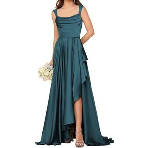 HPPEE Satijnen bruidsmeisjesjurken voor dames met split ruches vloerlengte korset mouwloze formele feestjurk, Turkoois, 54 grote maten