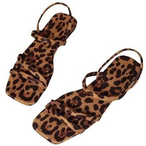 Dames Platte Sandalen Vintage Luipaard Sandalen Mode Vierkante Teen Sandalen Zomer Peep Toe Comfortabele Sandalen Dames Casual Strand Schoenen for Binnen, Buiten(43 EU)