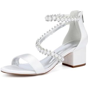 GHSIRUEU Vrouwen Parels Strappy Lage Chunky Blokhak Sandalen Open Teen Achter Ritssluiting Satijn Prom Wedding Party Jurk Schoenen,ivoor,36 EU