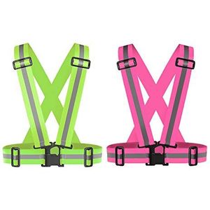 Zhongtou 2 Stuks Geel Veiligheidsvest Kind Reflecterend Vest Zichtbaarheid Roze Auto Dubbel Geel 360° Elastisch Verstelbaar Breuken voor Vrouwen Volwassenen Kinderen Hardlopen, Joggen, Motorfiets