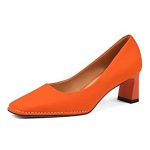 TABKER Lederen instappers dames echt lederen schoenen vrouw hoge hakken feest bruiloft schoenen vierkante teen lente zomer oranje dames schoenen (kleur: oranje, maat: 11)