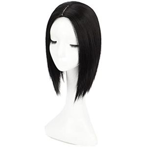 Recht Middendeel Haar Verborgen Kroonstuk Clip in 11x12cm Handgebonden Afscheid Topper 35cm Donkerzwart