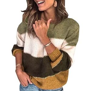 Casual losse herfst en winter lange mouwen gestreepte trui dames ronde hals gebreide trui top, Geel, XXL