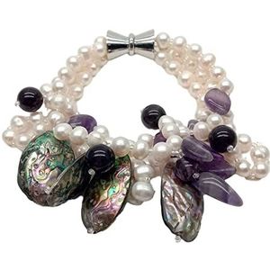 Armbanden 3 rijen natuurlijke zoetwater witte parel Amethisten Abalone Shell Strand armband 8"" handgemaakt for vrouwen (Color : Purple)