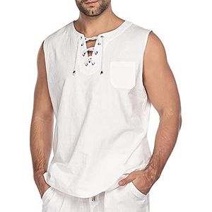 Heren Katoenen Linnen Mouwloos Vest T-shirt Met Veters, Mode T-shirt Met Grote Maten Casual Losse Tanktops, Middeleeuws Kostuum Kraag Kraag V-hals Streetwear