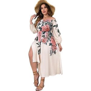 voor vrouwen jurk Plus bloemenprint off-shoulder jurk met lantaarnmouwen en dijsplit (Color : Apricot, Size : XL)