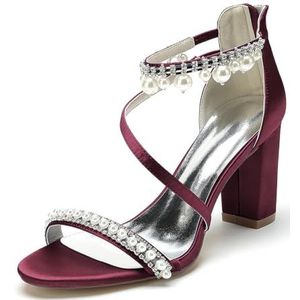 Dames Open Teen Trouwschoenen Voor Bruid Chunky Blokhak Parel Bruidsschoenen Pumps Enkelbandje Sandalen Met Hak,Burgundy,36 EU