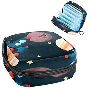 Outer Space Planets Raket,Periode Pouch Draagbaar,Tampon Opbergtas,Tampon Houder voor Portemonnee Vrouwelijke Product Organizer, Meerkleurig, 4.7x6.6x6.6 in/12x17x17 cm