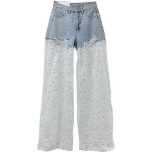 QOUERUUE Dames Patchwork Kant Jeans Strass Steentjes Baggy Straight Leg Mode Trendy Denim Broek,Blauw,L