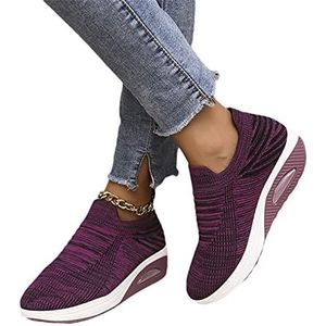 Dames Orthopedische Schoenen Gebreide Mesh Instapper Sneaker Zomer Ademende Sneakers Met Luchtkussen Lichtgewicht Comfortabele Wandelschoenen Zachte Platform Hardloopschoenen (Color : Purple 2, Size