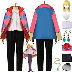 Anime Howl's Moving Castle Howl Cosplay Kostuum Outfit Rollenspel Uniform Volledige Set Halloween Party Dress Up Suit met Pruik Oorbellen Ketting voor Mannen Jongens (XS)