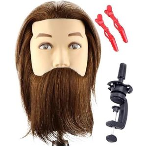 Mannequinhoofd van menselijk haar met haarbaard oefenpop kapperscosmetologie opleidingspop hoofd for haarstyling(Brown head with gift)
