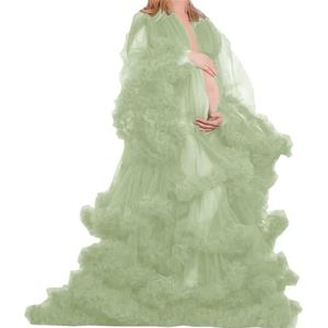 Lange Mouw Geplooide Moederschap Tule Gewaad Voor Fotoshoot Zwangere Badjas Pure Lingerie Nachtjapon AH151, Sage Groen, 36